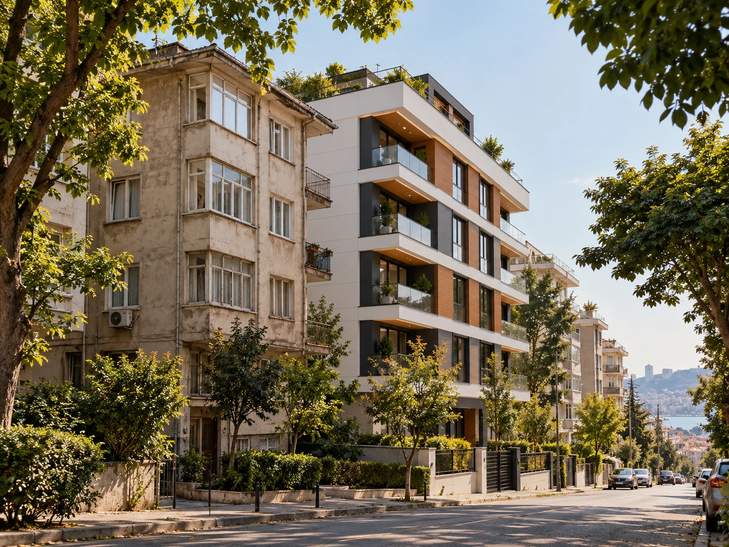 Eski ve yeni apartmanların yan yana bulunduğu, kentsel dönüşümü yansıtan konut sokağı