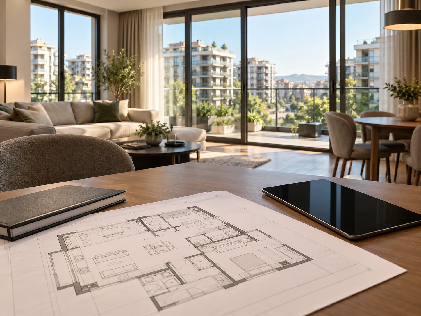 Konut değer çalışmasını temsil eden, plan ve tablet bulunan aydınlık daire iç mekânı